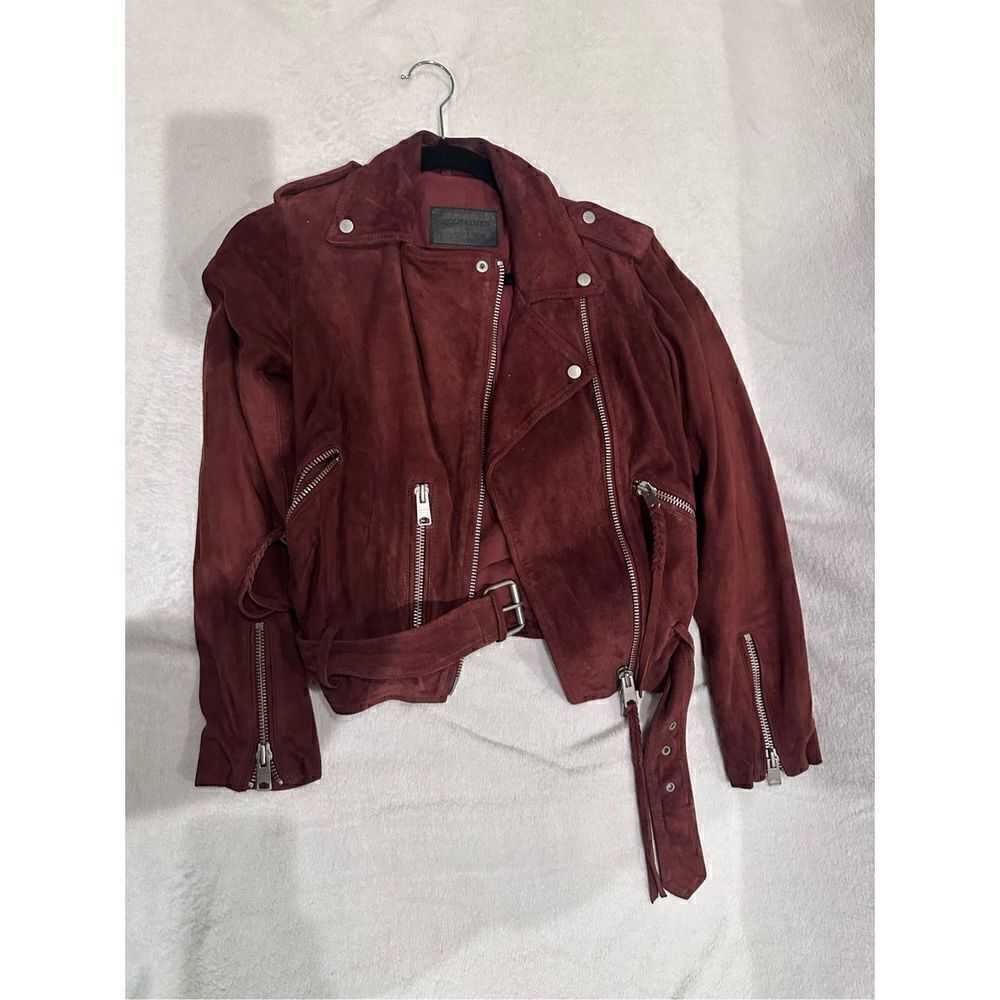 Suede burgundy all saints motor biker jacket size 0